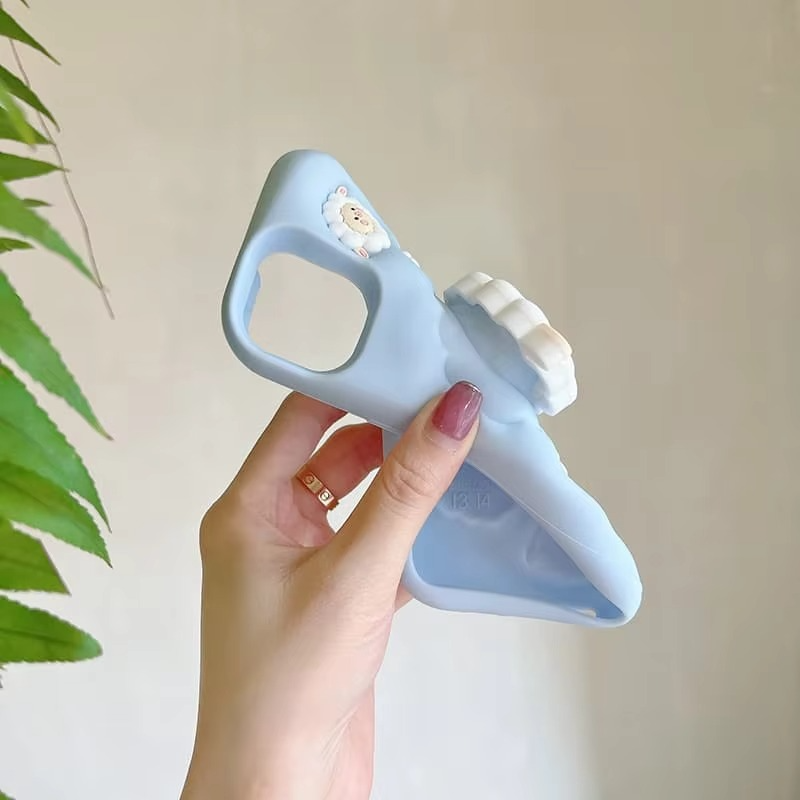 3D Cartoon Sheep Cloud Back Cover with Pop Holder Stand for iPhone 15