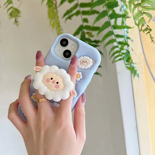 3D Cartoon Sheep Cloud Back Cover with Pop Holder Stand for iPhone 15