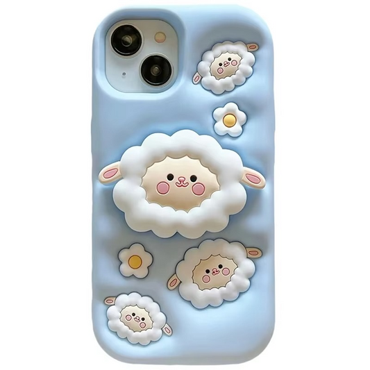 3D Cartoon Sheep Cloud Back Cover with Pop Holder Stand for iPhone 15