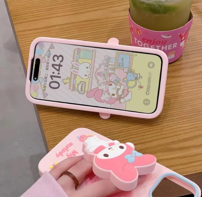 3D My Melody & Cinnamoroll Cartoon Case with Holder for iPhone 15