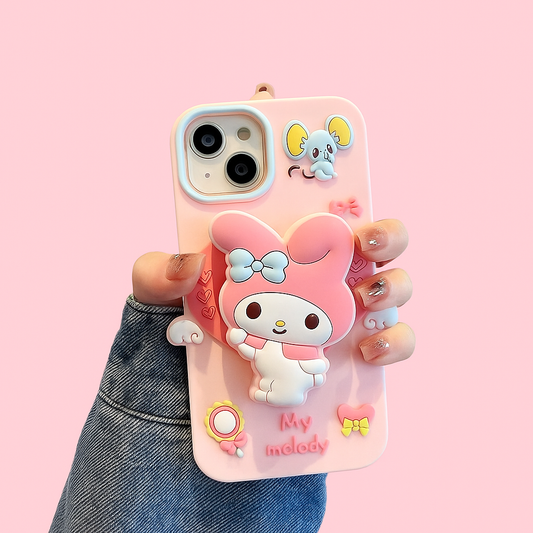 3D My Melody & Cinnamoroll Cartoon Case with Holder for iPhone 15