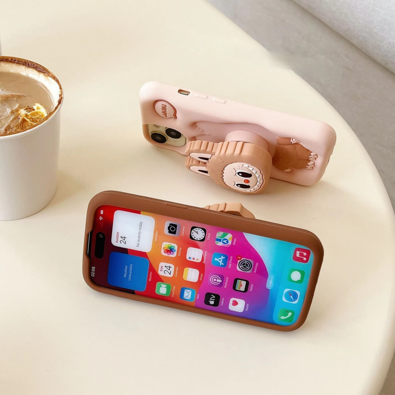 Labubu 3D Cartoon Silicone Case with Holder for iPhone 15