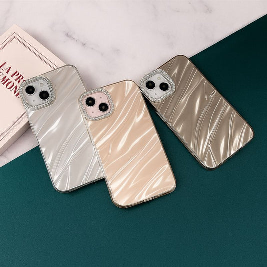 Luxury Glossy 3D Water Ripple Case with Diamond Camera Frame for iPhone 15