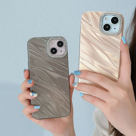 Luxury Glossy 3D Water Ripple Case with Diamond Camera Frame for iPhone 15