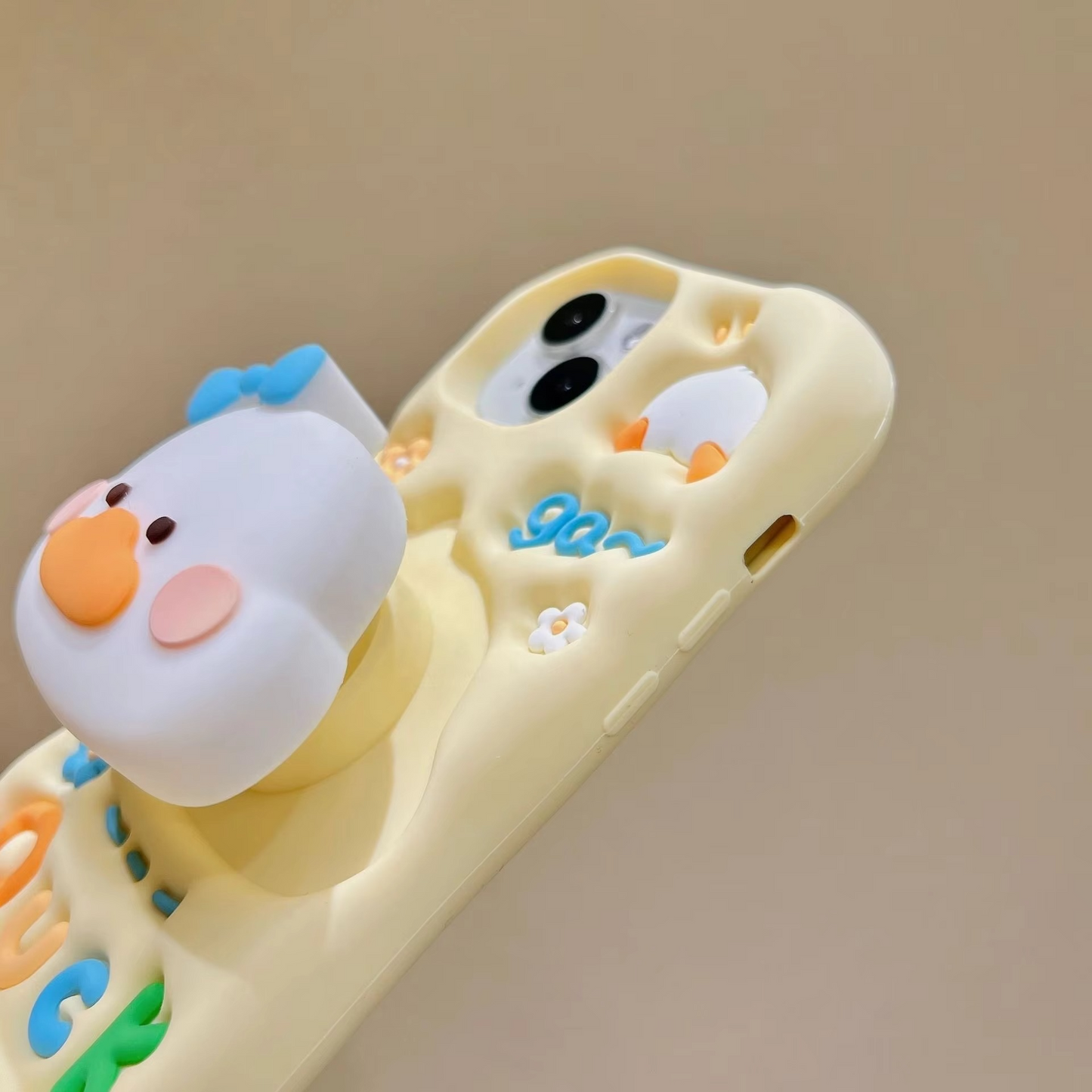 Cute 3D Yellow Duck Silicone Case with Holder for iPhone 15