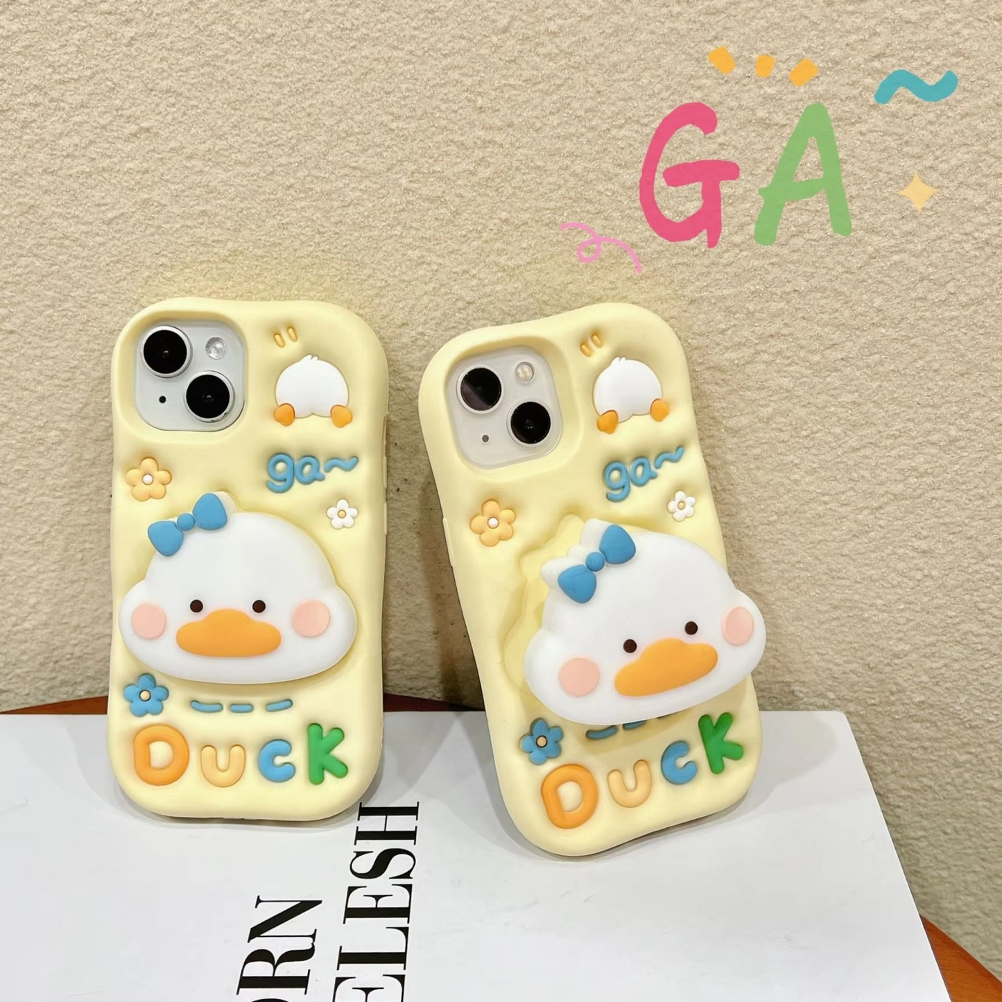 Cute 3D Yellow Duck Silicone Case with Holder for iPhone 15