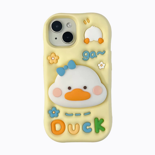 Cute 3D Yellow Duck Silicone Case with Holder for iPhone 15