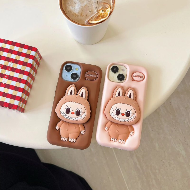 Labubu 3D Cartoon Silicone Case with Holder for iPhone 15
