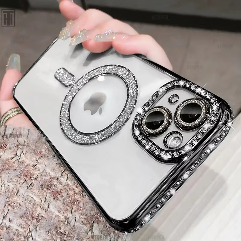 Sparkling Rhinestone Clear Case with Magsafe Lens Protection  for iPhone 15