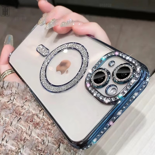Sparkling Rhinestone Clear Case with Magsafe Lens Protection  for iPhone 15