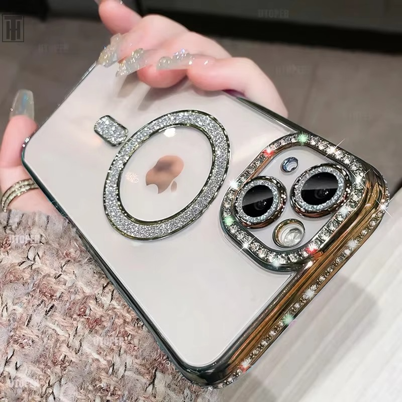 Sparkling Rhinestone Clear Case with Magsafe Lens Protection  for iPhone 15
