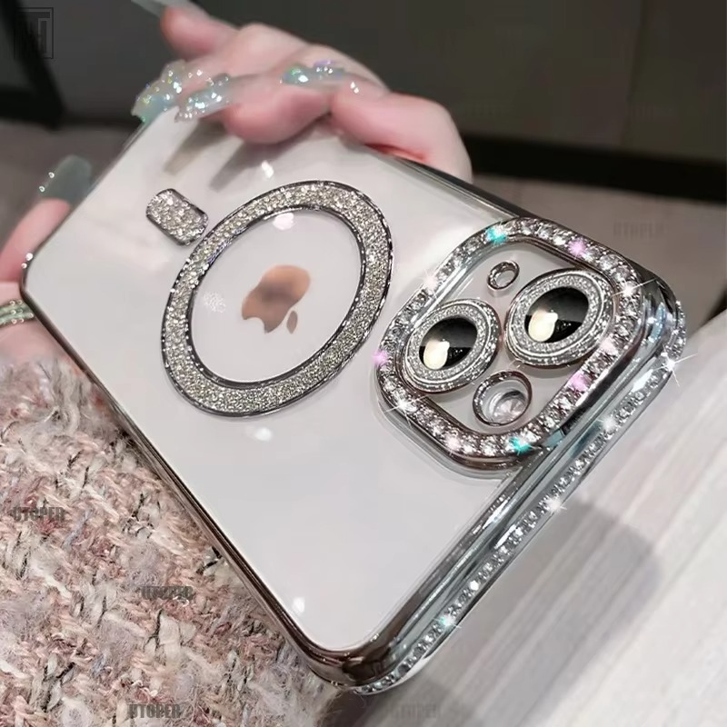 Sparkling Rhinestone Clear Case with Magsafe Lens Protection  for iPhone 15