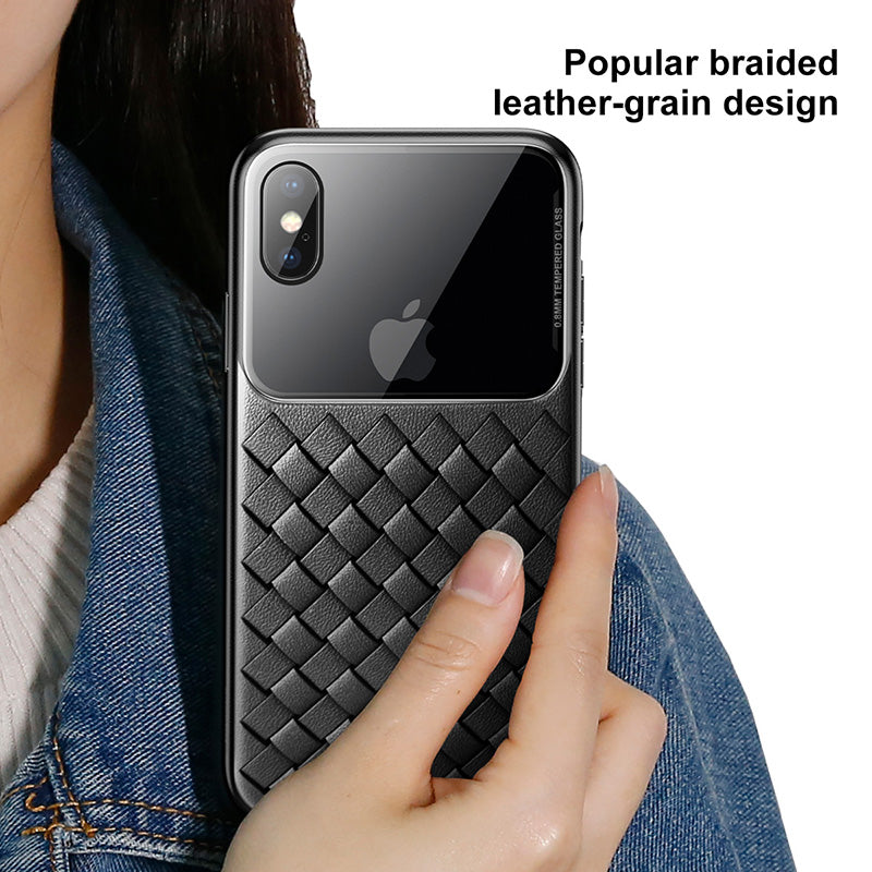 Baseus® Luxury Grid Weaving Pattern Tempered Glass Case for iPhone X