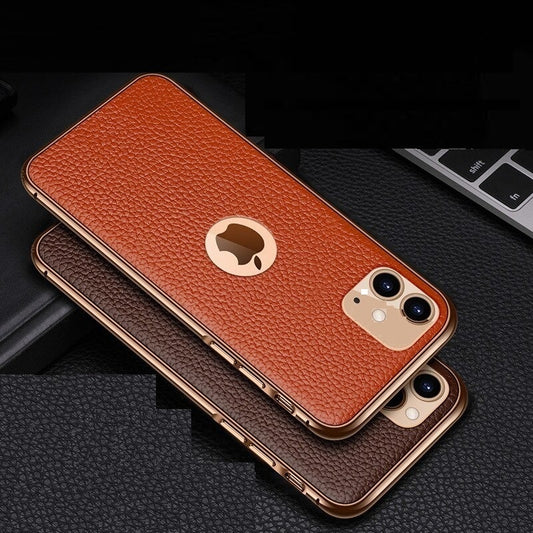 Luxury Plating Leather Logo Cut Case for iPhone 11